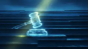409a-valuation-hero-4 - SaasCEO.com - SaasCEO.com Glowing holographic blue gavel striking a sound block on dark blue stepped background, symbolizing digital justice.