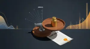 Gavel resting on a signed contract with a gold wax seal on a dark surface, with abstract financial charts in the background.
