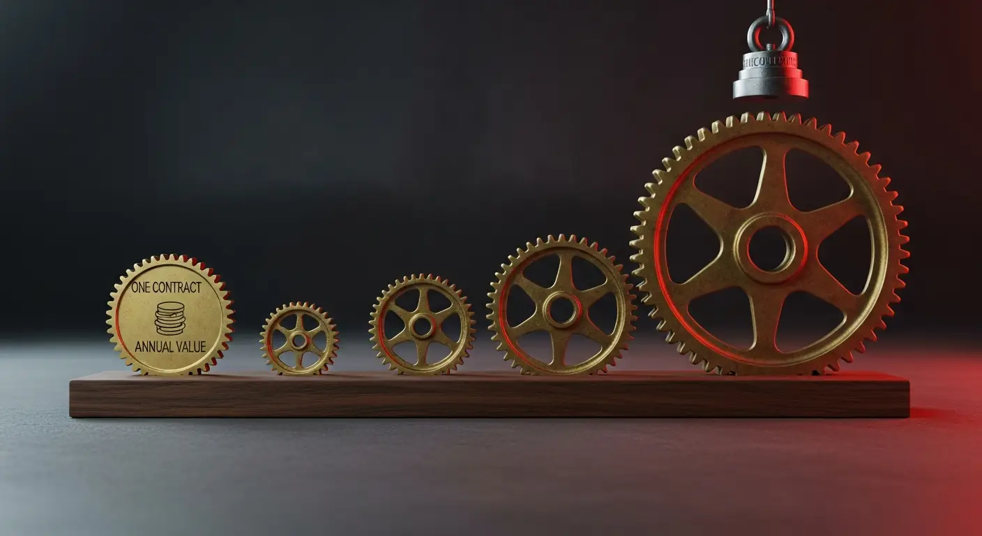 acv-metric-hero-4 - SaasCEO.com How ACV Connects to Valuation and Unit Economics — A single brass cog engraved with a small coin-stack motif dr
