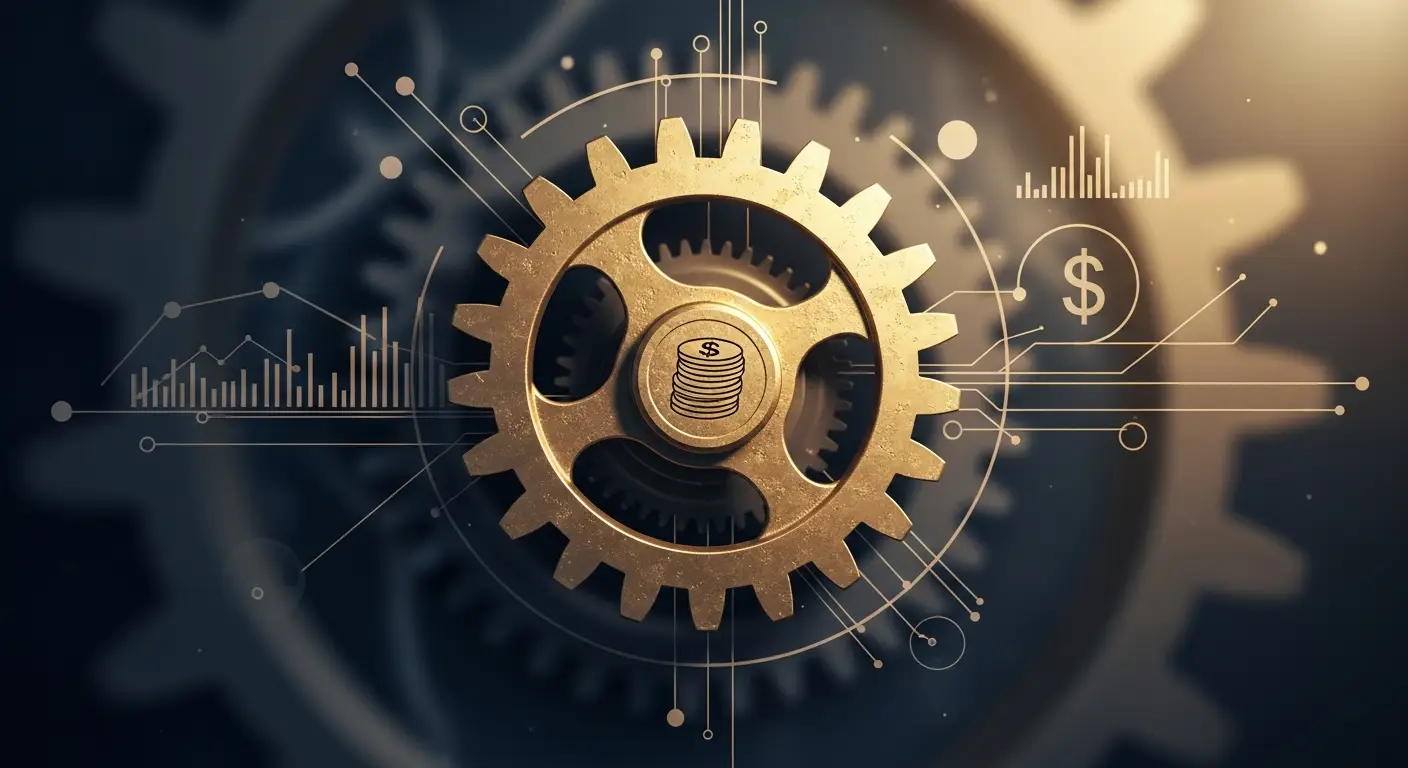 acv-metric-supp-26946-replace - SaasCEO.com How ACV Connects to Valuation and Unit Economics — A single brass cog engraved with a small coin-stack motif dr