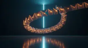 Orange origami-like triangles form a looping spiral floating in a dark room, illuminated by a vertical blue light and reflected on a shiny floor.