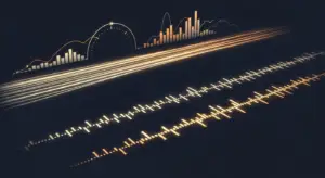 Abstract data visualization with glowing bar charts and line graphs on a dark grid background.