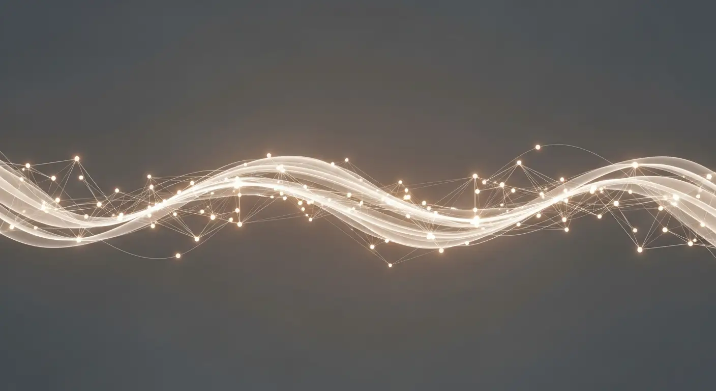 annual-recurring-revenue-vs-revenue-supp-24601-replace - SaasCEO.com What Is Annual Recurring Revenue — A purely abstract editorial illustration filling the whole frame: softly interconnected glowing nodes and flowing curves suggesting recurring, predictable revenue, light graphite tones with warm accent light, even balanced composition, no text