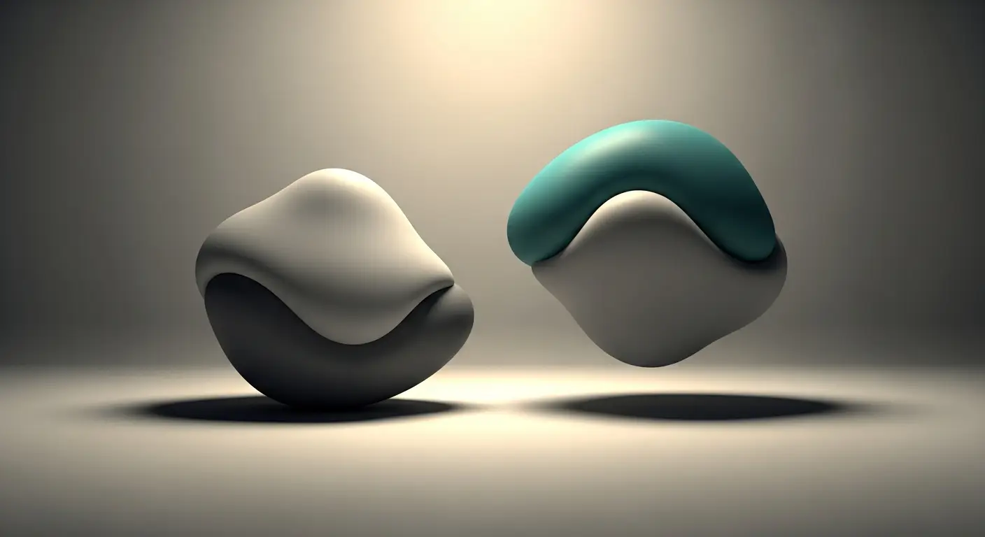 annual-recurring-revenue-vs-revenue-supp-24602-replace - SaasCEO.com Why the difference matters — A purely abstract editorial illustration filling the whole frame: two contrasting masses in gentle equilibrium suggesting a weighing of trade-offs, balanced and centered, soft graphite and teal tones with warm light, no text