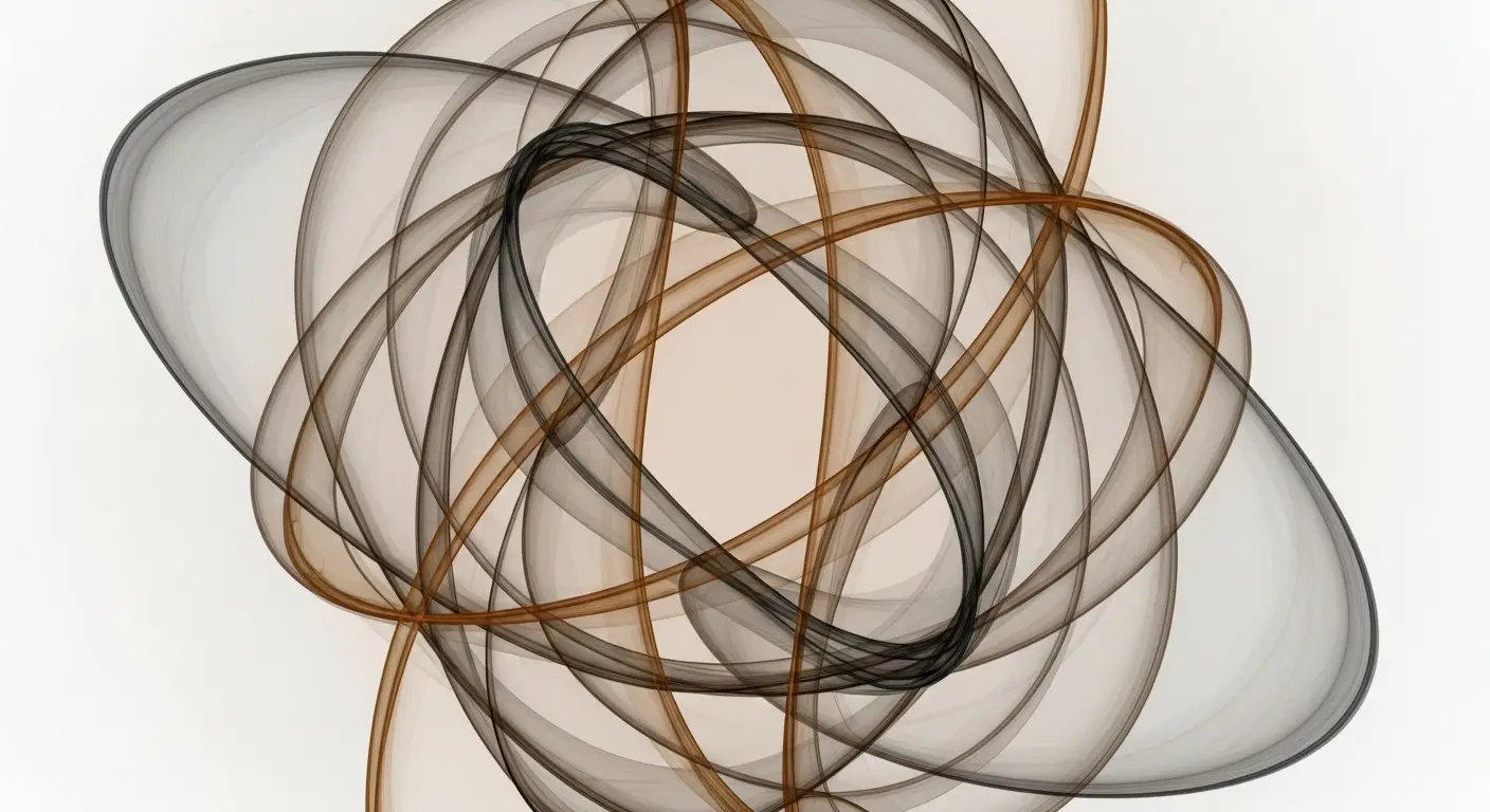 annual-recurring-revenue-vs-revenue-supp-24604-replace - SaasCEO.com Common confusions that cost money — A purely abstract editorial illustration filling the whole frame: layered translucent forms gently overlapping to suggest tangled, easily-confused flows resolving into clarity, soft graphite and amber tones, centered composition, no text
