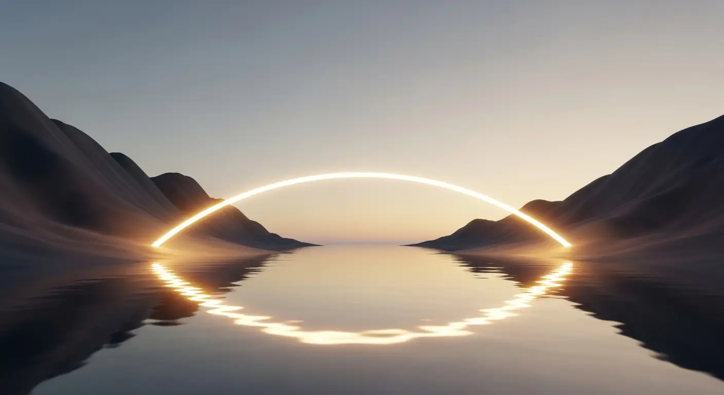 annual-recurring-revenue-vs-revenue-supp-24605-replace - SaasCEO.com Clarity between ARR and revenue — A purely abstract editorial illustration filling the whole frame: a single luminous arc connecting two calm regions, suggesting a clear bridge between two ideas, soft graphite and gold tones, warm even light, centered and full-bleed, no text