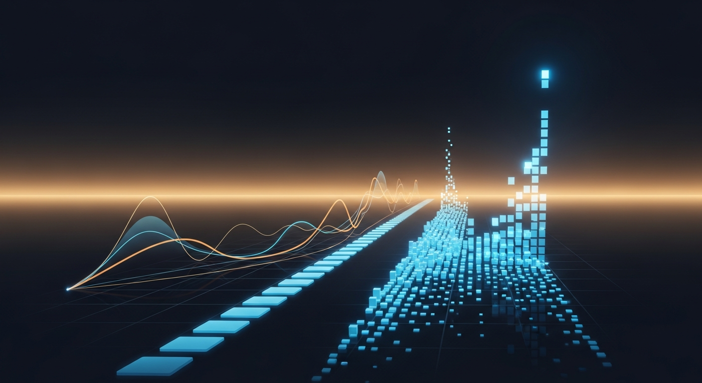 annualized-run-rate-hero - SaasCEO.com how different run rate methodologies produce different valuation outcomes from identical revenue data — Two parallel paths of glowing blue tiles climbing from foreg
