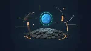 arpu-hero - SaasCEO.com - SaasCEO.com Pile of dark coins stacked on a grid with a glowing blue circular emblem hovering above, in a futuristic HUD setting.
