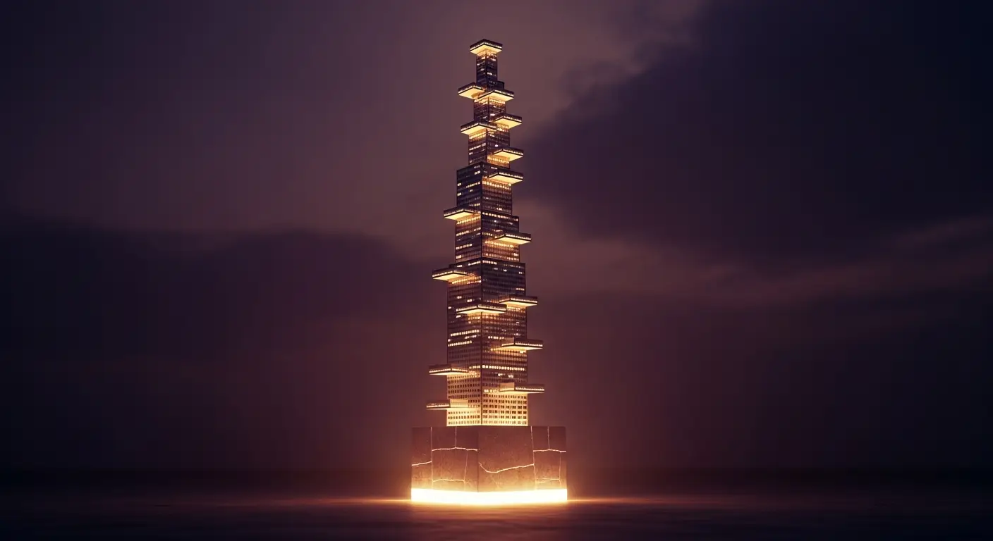 arr-business-hero-3 - SaasCEO.com ARR and What Your Business Is Worth — A tall building rising from a single solid glowing foundatio