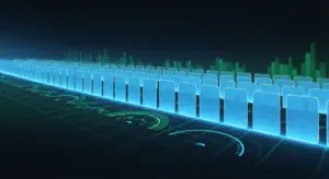 arr-business-hero - SaasCEO.com - SaasCEO.com Row of glowing blue rectangular panels along a curved digital surface, with a green neon city skyline in the distance.