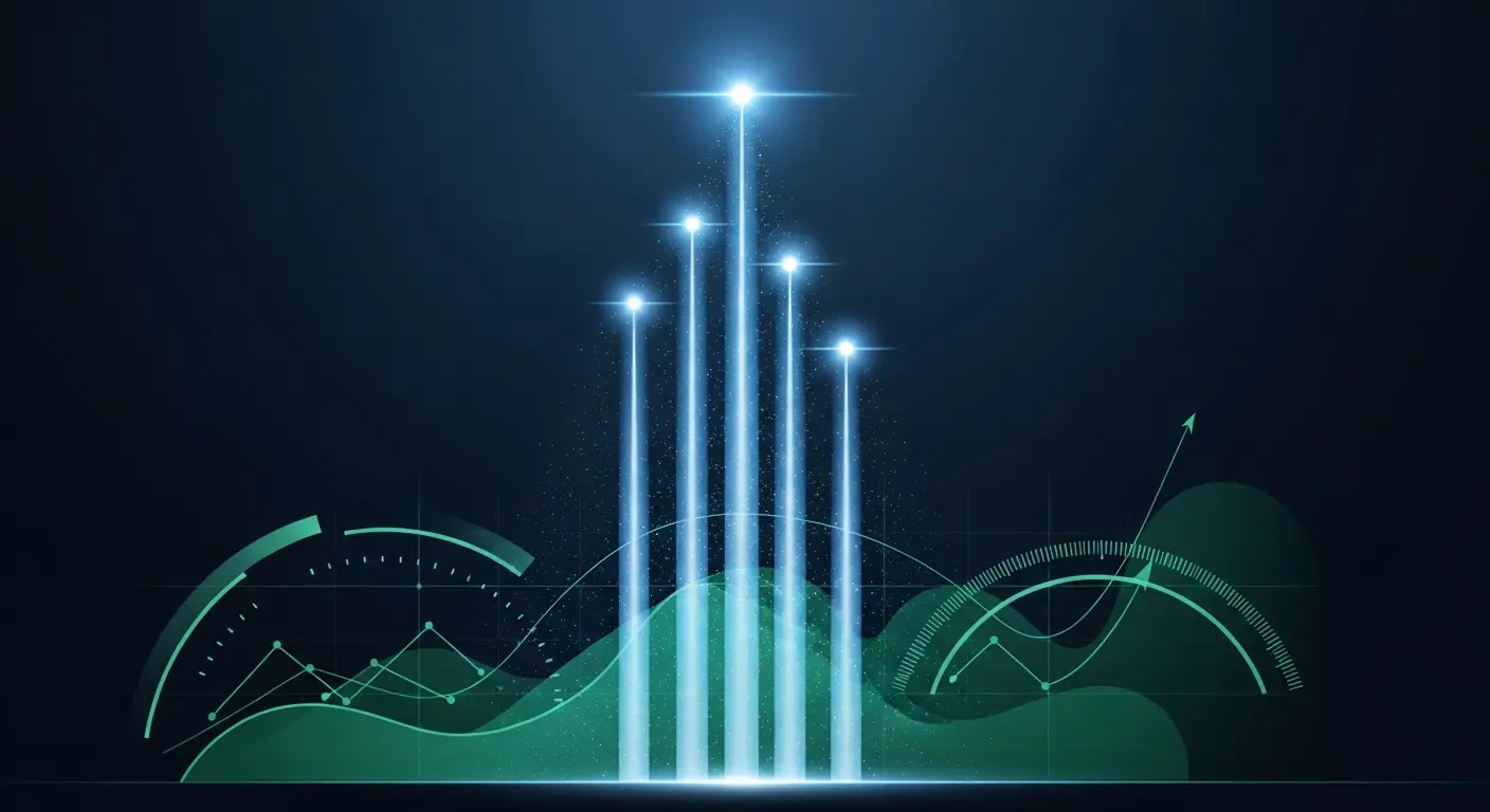 arr-growth-hero-2 - SaasCEO.com four ARR growth levers combining into a single output — Four parallel vertical streams of soft blue light, each at a