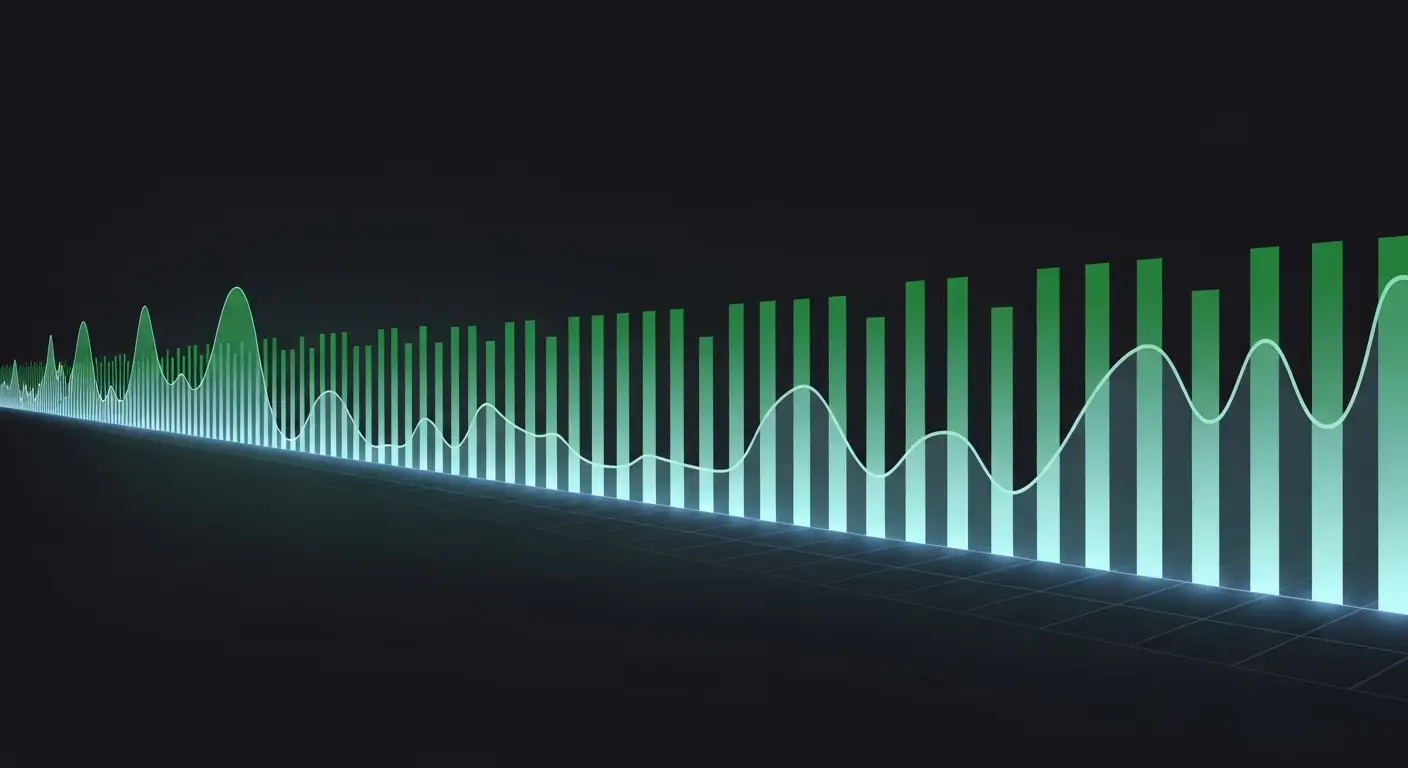 arr-revenue-meaning-hero-1 - SaasCEO.com Abstract visualization of a long repeating row of identical evenly spaced glowing bars stretching into the distance, evoking predictable recurring monthly revenue across a year — Abstract visualization of a long repeating row of identical