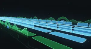 Abstract 3D visualization of a conveyor-like row of translucent blue panels with green sine-wave curves in the background, suggesting data flow.