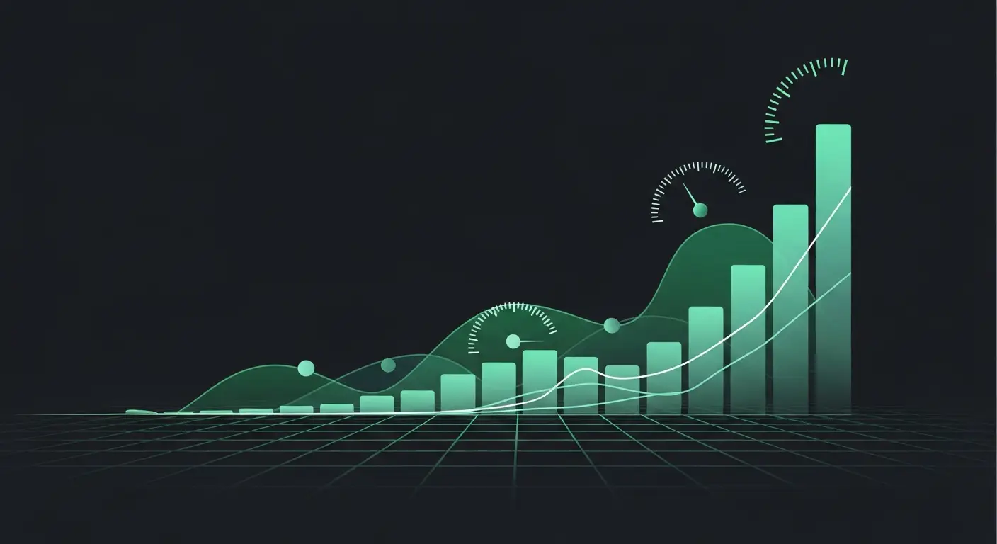 arr-vs-revenue-hero-1 - SaasCEO.com Why the ARR vs Revenue Gap Matters: Three High-Stakes Scenarios — Ascending gradient bars and subtle grid lines forming an abstract data landscape