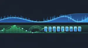 arr-vs-revenue-new-hero - SaasCEO.com - SaasCEO.com Abstract data dashboard with a blue sine wave, green bar/line charts, a gauge, and blue rectangular blocks on a dark background.