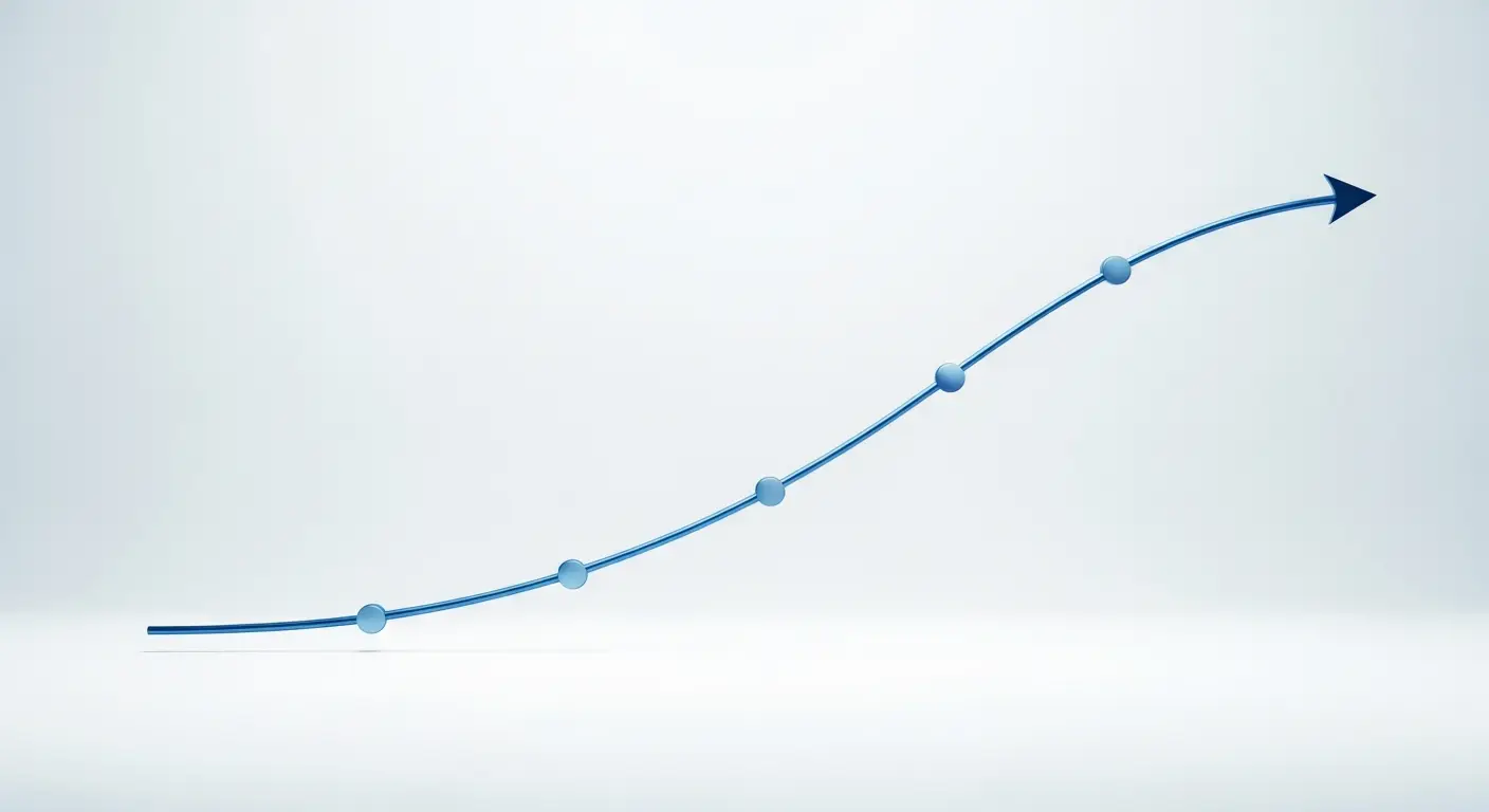 arr-vs-revenue-supp-1 - SaasCEO.com a clean minimalist abstract illustration of a single timeline arc sweeping from left to right with a few smooth marker dots spaced evenly along it, representing how an annual contract is recognized over time, rendered in smooth blue and steel tones on a bright even off-white background, soft uniform studio lighting, no people, every surface completely blank with absolutely no text, letters, numbers, words, labels, or symbols of any kind anywhere in the frame