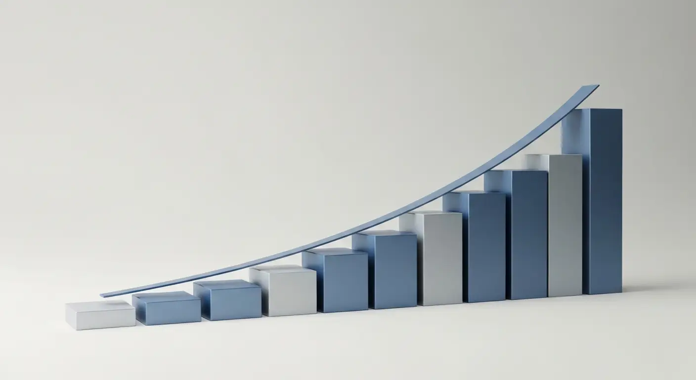 arr-vs-revenue-supp-2 - SaasCEO.com a clean minimalist abstract illustration of a row of smooth ascending blocks of gently increasing height with a soft curved line tracing over their tops, representing a rising revenue trend, rendered in smooth blue and steel tones on a bright even off-white background, soft uniform studio lighting, no people, every surface completely blank with absolutely no text, letters, numbers, words, labels, or symbols of any kind anywhere in the frame