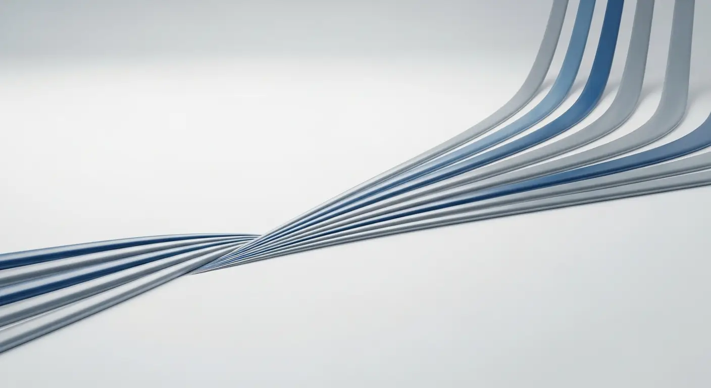 arr-vs-revenue-supp-3 - SaasCEO.com a clean minimalist abstract illustration of several smooth parallel streams gently converging into a single broad channel, representing multiple revenue streams resolving into one recurring-revenue view, rendered in smooth blue and steel tones on a bright even off-white background, soft uniform studio lighting, no people, every surface completely blank with absolutely no text, letters, numbers, words, labels, or symbols of any kind anywhere in the frame