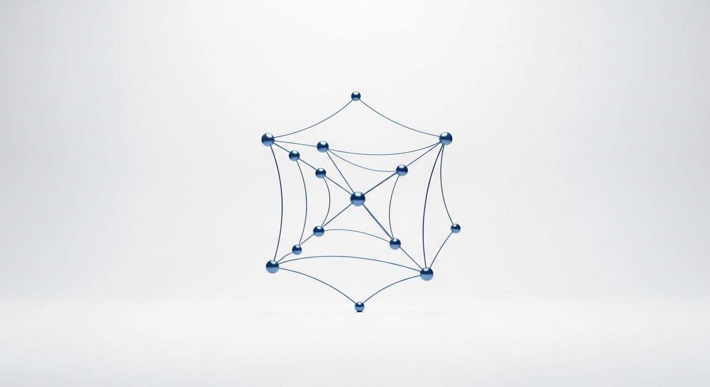 arr-vs-revenue-supp-6-2 - SaasCEO.com a clean minimalist abstract illustration of a tidy network of smooth connected nodes linked by gentle curved lines forming a balanced web, rendered in smooth blue and steel tones on a bright even off-white background, soft uniform studio lighting, no people, every surface completely blank with absolutely no text, letters, numbers, words, labels, or symbols of any kind anywhere in the frame