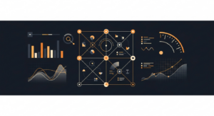 Abstract data visualization on a dark background showing interconnected nodes, charts and gauges with orange accents.