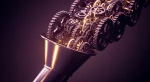 b2b-saas-marketing-hero - SaasCEO.com - SaasCEO.com Gears pouring out of a shiny funnel, symbolizing machinery, processes, and workflow transformation.