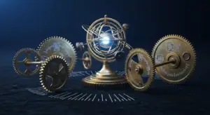 b2b-saas-sales-new-hero - SaasCEO.com - SaasCEO.com Brass armillary sphere at the center, surrounded by interlocking gears on a dark blue surface, a bright core glowing in the middle.