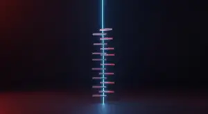 board-meeting-agenda-hero - SaasCEO.com - SaasCEO.com Abstract neon sculpture: a vertical cyan line with evenly spaced pink horizontal bars on a dark gradient background. (Note: central glow with pink shelves on a dark backdrop)