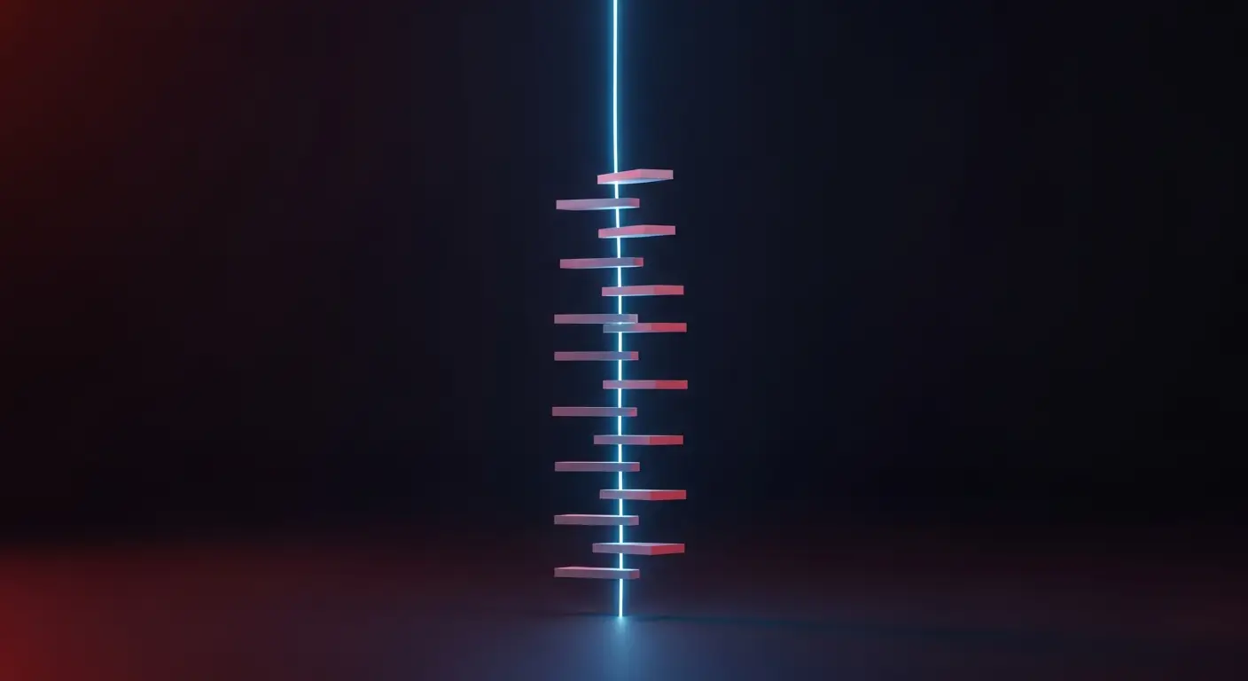 board-meeting-agenda-hero - SaasCEO.com Abstract deep-navy visualization of a board meeting agenda: a vertical stack of glowing horizontal bars descending in ordered sequence, threaded by a single luminous cool-blue line converging into one focused point — a structured sequence of board decisions.