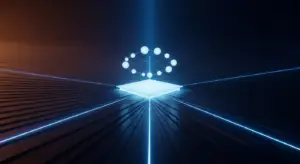 board-retreat-hero - SaasCEO.com - SaasCEO.com Futuristic blue-lit platform with a glowing square base and a circle of connected nodes above.