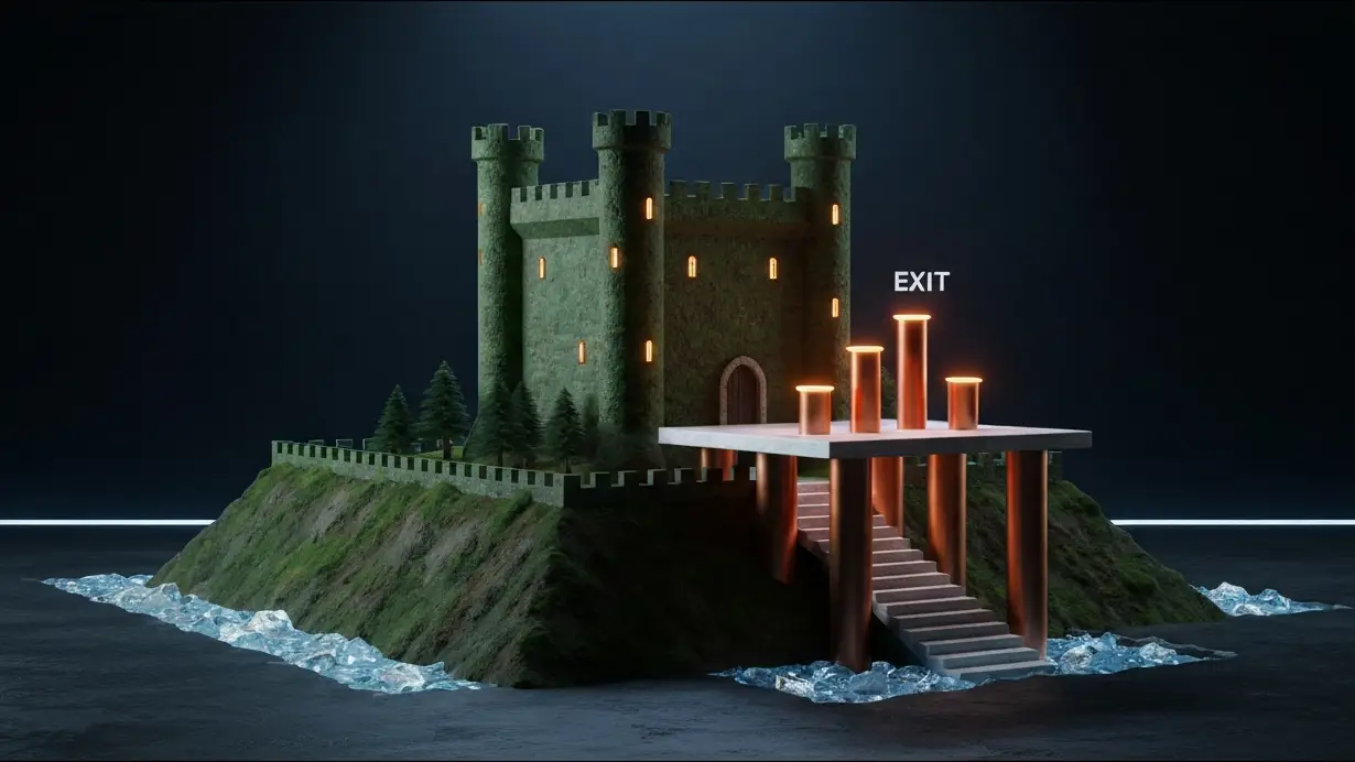 building-a-moat-hero-1 - SaasCEO.com Why a Moat Decides Your Exit Multiple — A formidable, stylized castle, rendered in deep forest green