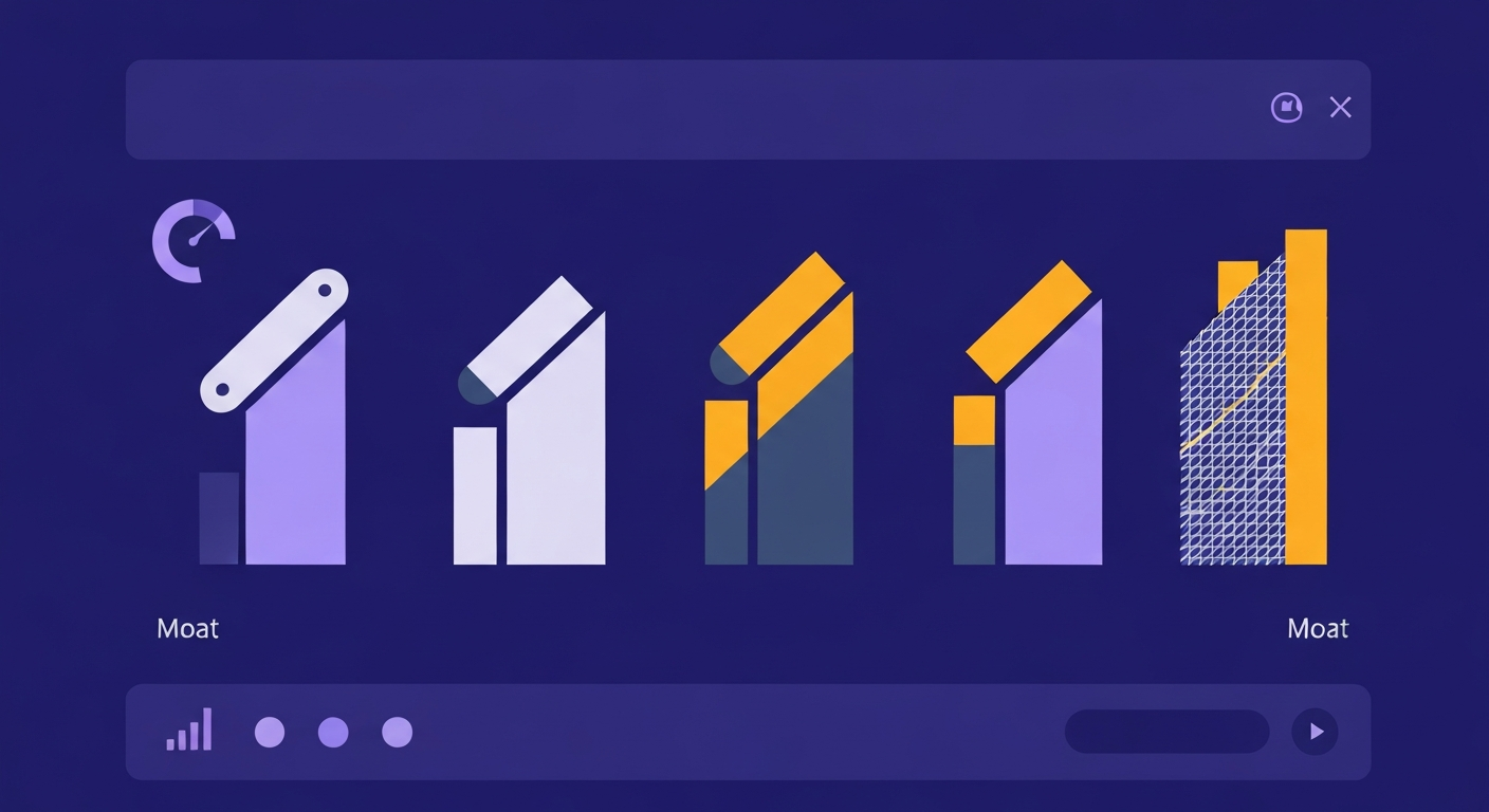 building-a-moat-hero-2 - SaasCEO.com The Four Moat Types That Actually Hold in SaaS — Four abstract, reinforcing barrier segments, each representi