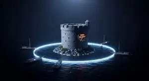building-a-moat-hero - SaasCEO.com - SaasCEO.com Stone cylindrical tower on a rocky islet, encircled by a glowing blue ring with moored sailboats nearby at night.