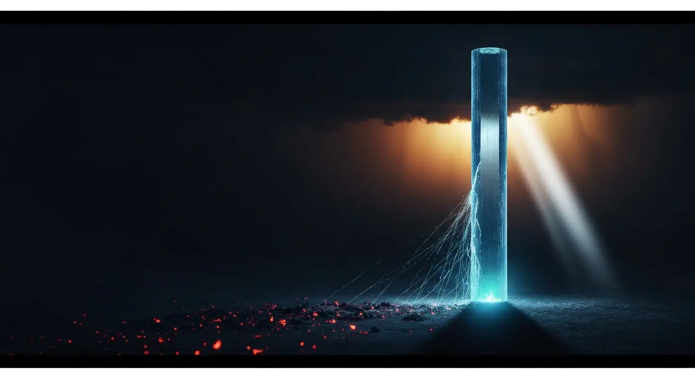 businesses-with-recurring-revenue-hero-3 - SaasCEO.com Churn erosion — a tall translucent pillar draining and shrinking from its base on a navy field