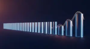 businesses-with-recurring-revenue-hero - SaasCEO.com - SaasCEO.com Blue translucent bars form a rising bar chart on a grid, with a neon white line tracing an upward trend across the bars against a dark gradient background.