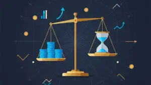 cac-payback-period-hero - SaasCEO.com - SaasCEO.com Golden balance scale with coin stacks on the left and an hourglass on the right, symbolizing the trade-off between money and time.