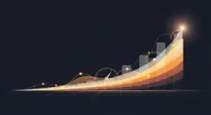 calculating-ltv-saas-new-hero - SaasCEO.com - SaasCEO.com Abstract data visualization of an upward-growing bar chart with curved glowing lines and data points on a dark background.