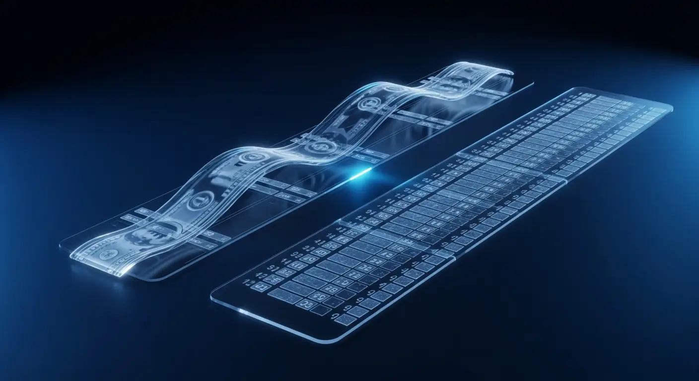 cash-burn-rate-hero-1 - SaasCEO.com Two parallel translucent ledgers on a deep navy field representing calculating cash burn from the bank account versus the accrual P&L