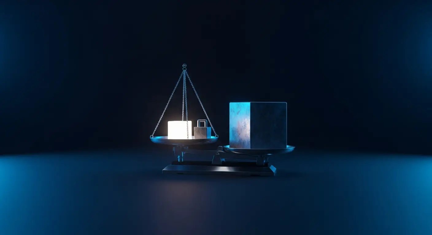 cash-burn-rate-hero-2 - SaasCEO.com A precision scale on a deep navy field with two glowing weights of different size representing the widening gap between gross burn and net burn as downturn fragility