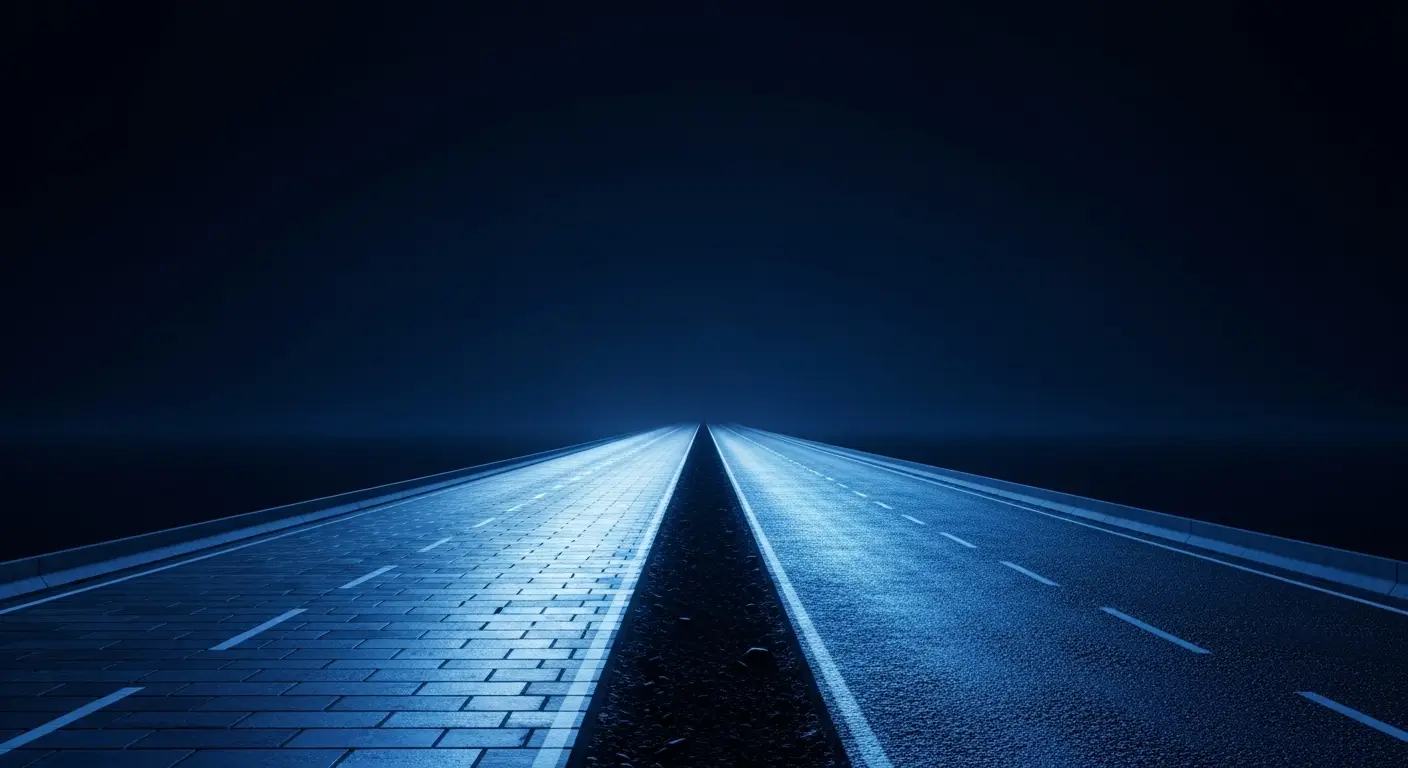 ceo-salary-startup-hero-5 - SaasCEO.com Bootstrapped versus venture-backed founder compensation paths — Two parallel highways diverging from a single origin point i
