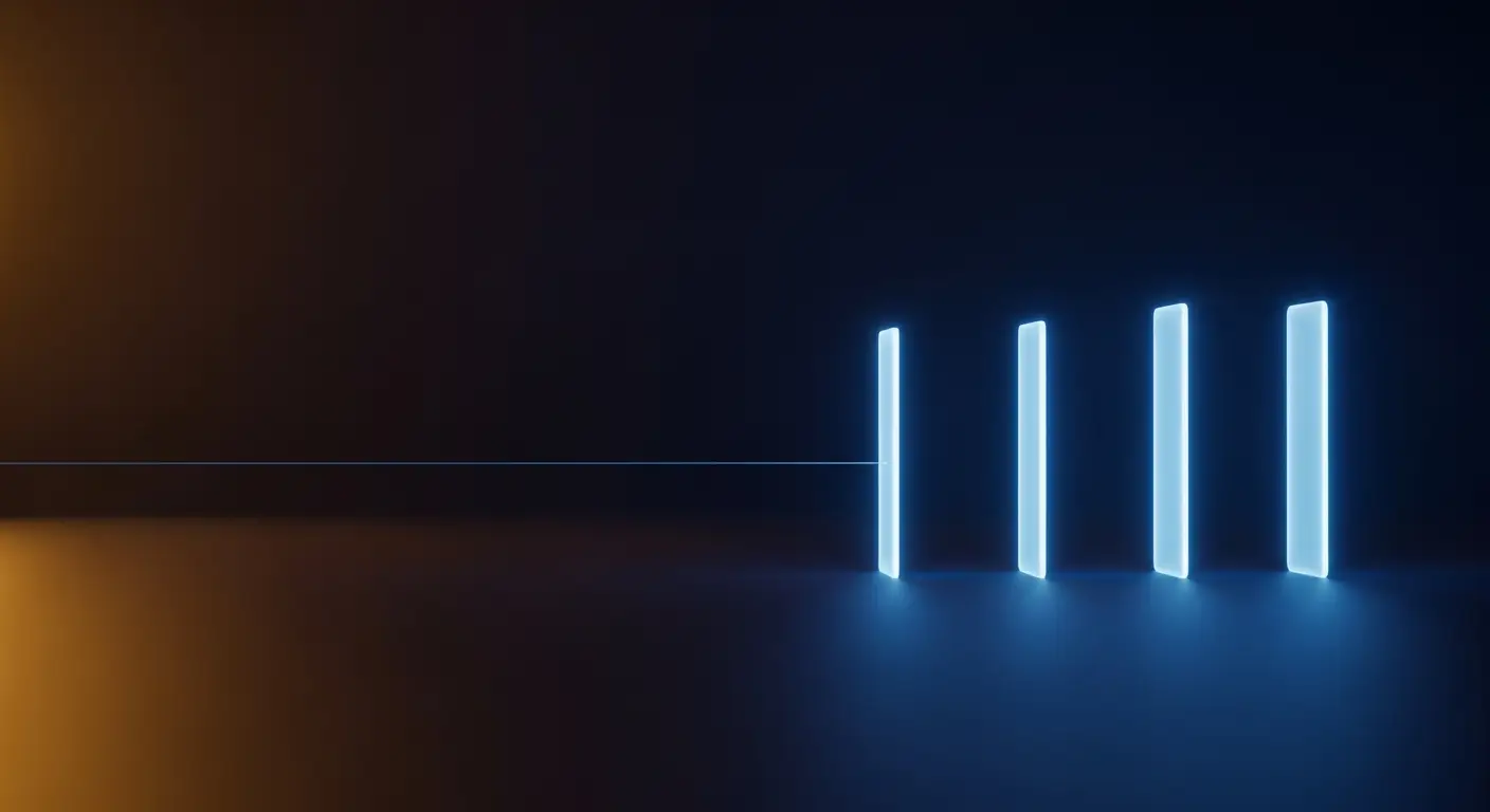 ceo-salary-startup-hero-7 - SaasCEO.com A three-test framework for when a founder should raise their salary — Three vertical translucent gates of pale blue light standing