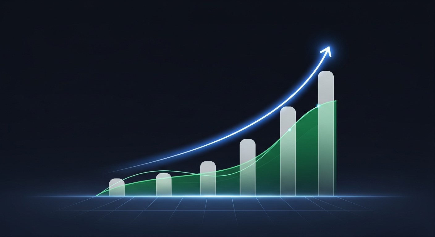 compound-annual-growth-rate-hero-2 - SaasCEO.com Worked CAGR Calculation Example — four glowing vertical bars of steadily increasing height ris