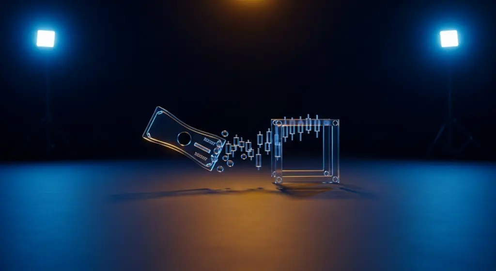 convertible-note-hero - SaasCEO.com Transparent USB drive breaking apart into floating data bits into a glass square frame, in blue studio lighting (data transfer concept). Accessible data-transfer concept image with clear acrylic components.