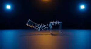convertible-note-hero - SaasCEO.com - SaasCEO.com Transparent USB drive breaking apart into floating data bits into a glass square frame, in blue studio lighting (data transfer concept). Accessible data-transfer concept image with clear acrylic components.