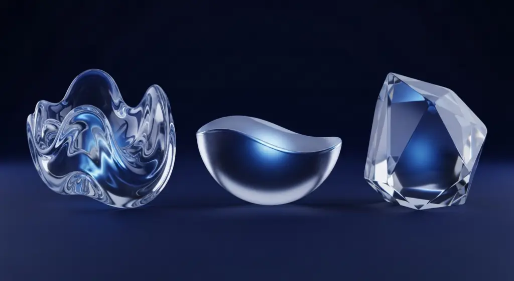 convertible-note-supp-comparison - SaasCEO.com Three glass sculptures on a dark blue surface: a wavy abstract bowl, a smooth crescent-shaped dish, and a faceted crystal-like gem.