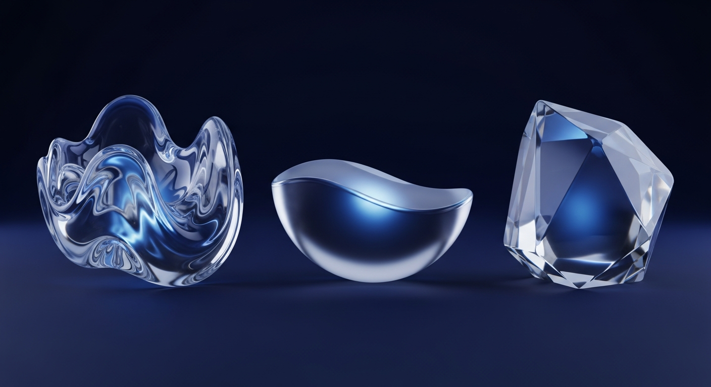 convertible-note-supp-comparison - SaasCEO.com Three distinct translucent glass forms on deep navy, representing a convertible note, a SAFE, and a priced round compared side by side