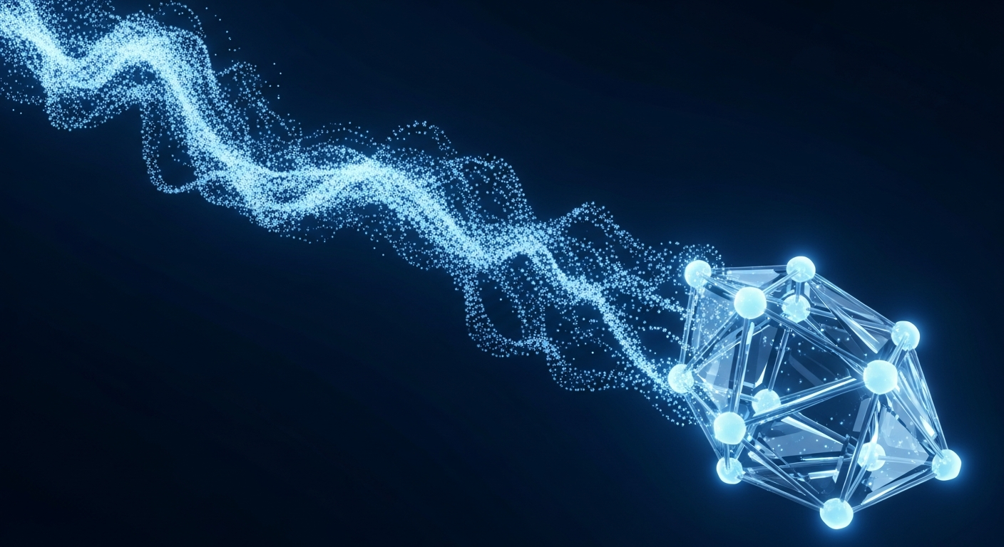 convertible-note-supp-conversion - SaasCEO.com Abstract cool-blue particles flowing and crystallizing into a lattice of faceted shares on deep navy, representing a convertible note converting from debt into equity