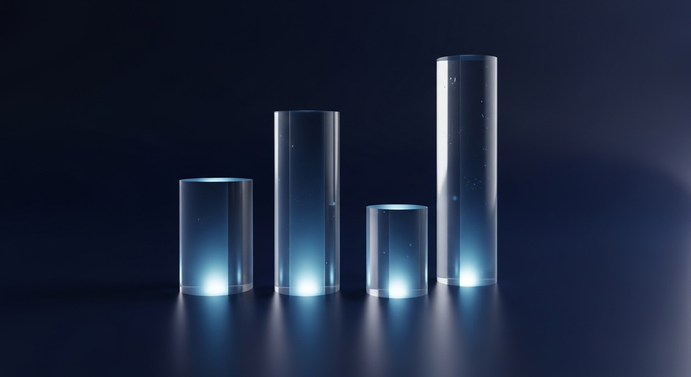 convertible-note-supp-four-terms - SaasCEO.com Four glowing translucent columns of differing heights on deep navy, representing the four key terms of a convertible note: valuation cap, discount, interest, and maturity