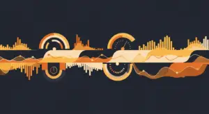 Abstract data visualization with orange waves and bar charts on a dark blue background.