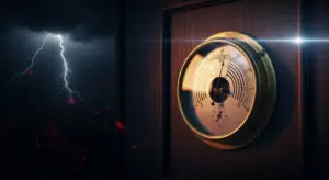 customer-health-score-hero - SaasCEO.com - SaasCEO.com Bronze combination dial on a wooden safe door, with lightning flashing through a stormy night outside.