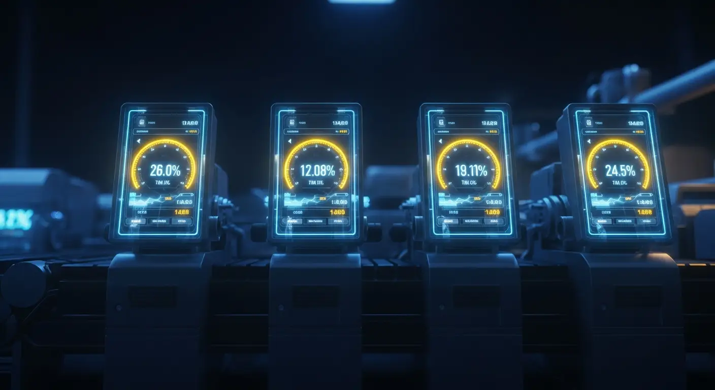 customer-onboarding-best-practices-hero-1 - SaasCEO.com Instrument Every Stage of the Process — an industrial process line where each distinct stage features a prominent, illuminated gauge or digital display showing real-time metrics, rendered in slate and saffron